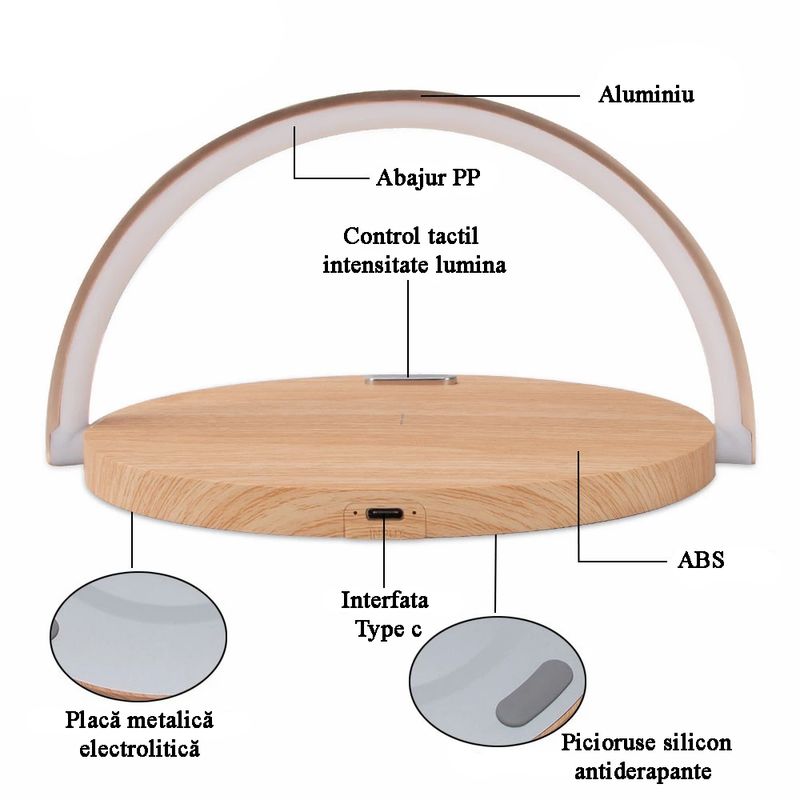 Casa si Gradina - Corpuri si surse de iluminat - Veioze si lampi - Veioze - Lampa cu incarcare wireless si suport telefon,Quasar & Co.®,3 functii, QI 10W, veioza cu 3 intensitati lumina,ABS, natur - Infinity.ro