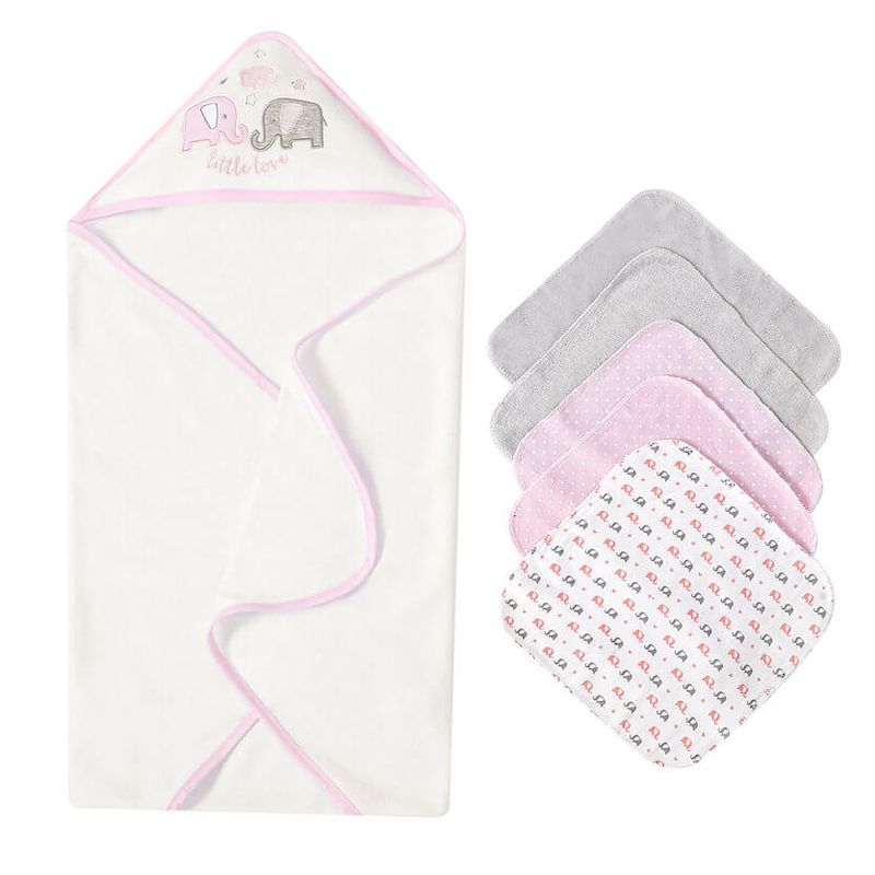 Jucarii, Copii si Bebe - Igiena si ingrijire - Baia bebelusului - Prosoape si halate de baie copii - Set cadou bebelusi cu 5 mini prosopele si prosop de baie cu gluga - little love - Infinity.ro