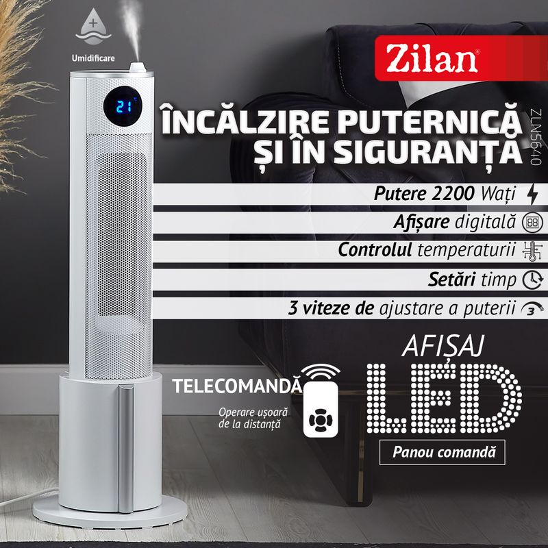 Electronice si Electrocasnice - Climatizare si sisteme de incalzire - Aparate incalzire aer - Aeroterme - Aeroterma tip turn Zilan ZLN5640 Alba, putere 2200W, ecran LED, 3 trepte de viteza - Infinity.ro