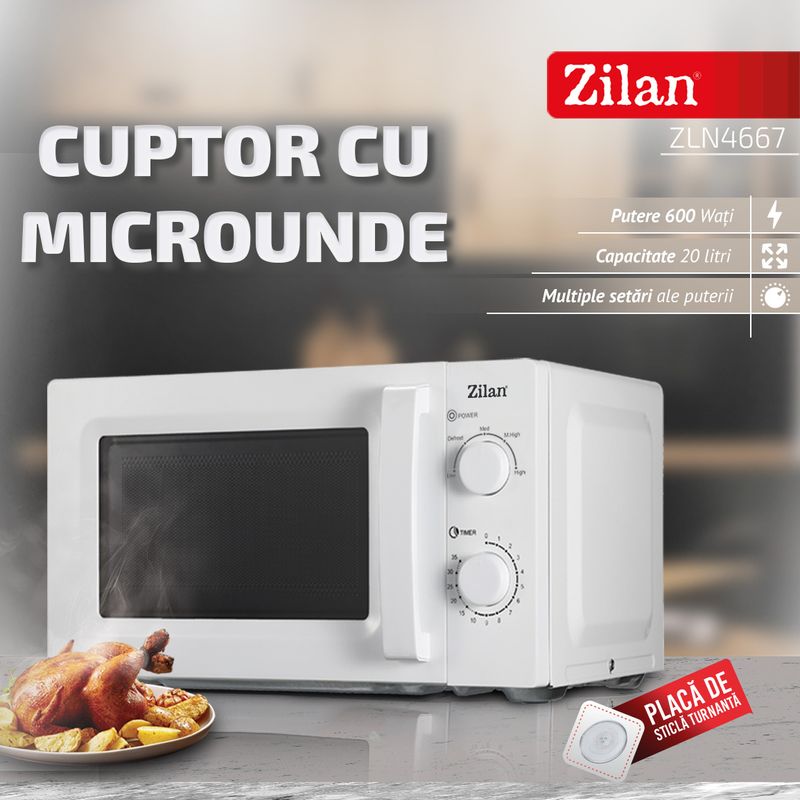 Electronice si Electrocasnice - Aragazuri, cuptoare si hote - Cuptoare - Cuptoare electrice - Cuptor cu microunde Zilan ZLN4667 Alb, putere 600 W, 20L, Timer - Infinity.ro