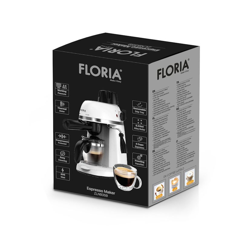 Electronice si Electrocasnice - Electrocasnice bucatarie - Preparare bauturi - Espressoare - Espressor Floria ZLN9359 Alb, putere 800W, presiune de 3.5 bari, usor de curatat - Infinity.ro