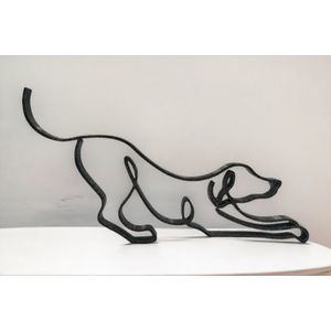 Decoratiune moderna in forma de catel jucaus, pentru design interior, negru sparkle, single line, 150x100x15 mm