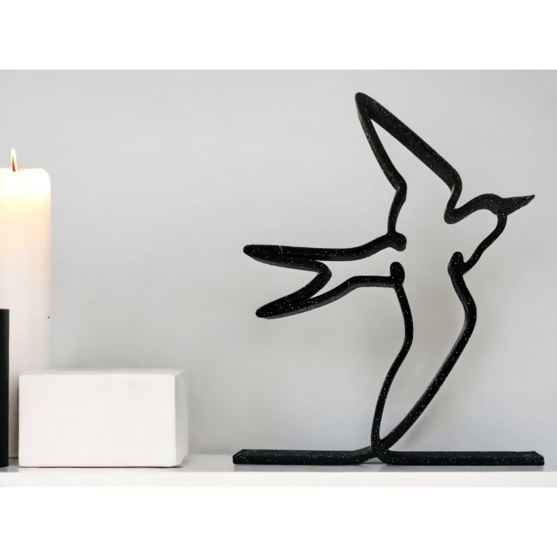 Casa si Gradina - Decoratiuni - Obiecte decorative - Accesorii decorative - Randunica minimalista pentru raft sau birou, pentru decor modern, negru sparkle, linie continua, 150x120x15 mm - Infinity.ro