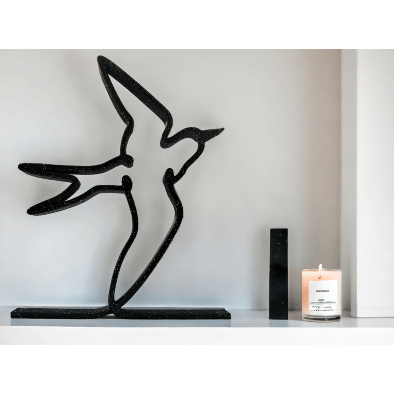 Casa si Gradina - Decoratiuni - Obiecte decorative - Accesorii decorative - Randunica minimalista pentru raft sau birou, pentru decor modern, negru sparkle, linie continua, 150x120x15 mm - Infinity.ro