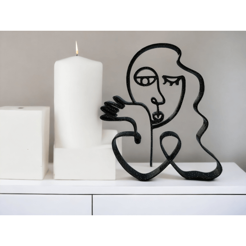 Casa si Gradina - Decoratiuni - Obiecte decorative - Accesorii decorative - Sculptura abstracta cu forma de chip de femeie, pentru design interior, negru sparkle, linie continua, 150x130x15 mm - Infinity.ro