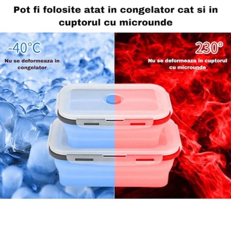 Casa si Gradina - Bucatarie si vesela - Organizare si depozitare bucatarie - Cutii alimentare - Caserola rosie de silicon pliabila dreptunghiulara cu capac 18,5 x 12 x 6,6 cm, 800 ml - Infinity.ro