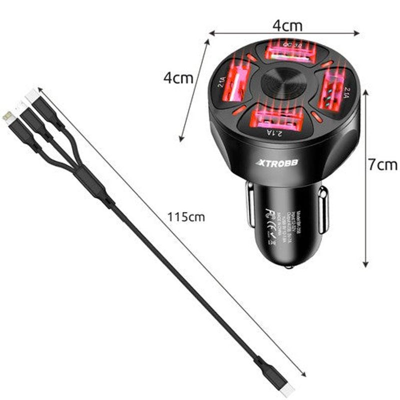 Auto si Moto - Electronice auto - Accesorii electronice auto - Incarcator auto cu 4 porturi USB,Cablu multifunctional Micro USB/Lightning/USB Type-C - 4 x 4 x 7 cm - Infinity.ro