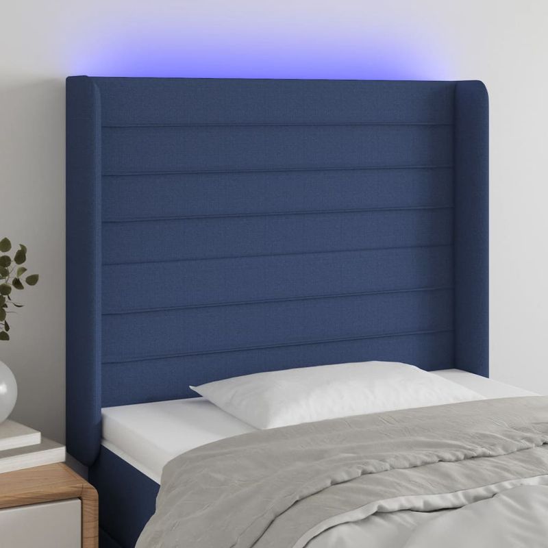 Casa si Gradina - Mobilier - Paturi si accesorii - Accesorii paturi - Tablie de pat cu LED, albastru, 93x16x118/128 cm, textil - Infinity.ro
