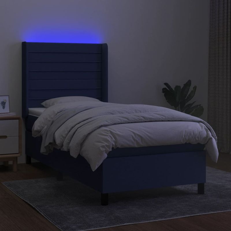 Casa si Gradina - Mobilier - Paturi si accesorii - Paturi - Pat cu arcuri, saltea si LED, albastru, 90x190 cm, textil - Infinity.ro