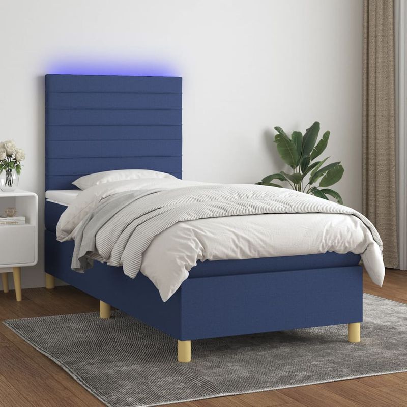 Casa si Gradina - Mobilier - Paturi si accesorii - Paturi - Pat cu arcuri, saltea si LED, albastru, 90x200 cm, textil - Infinity.ro