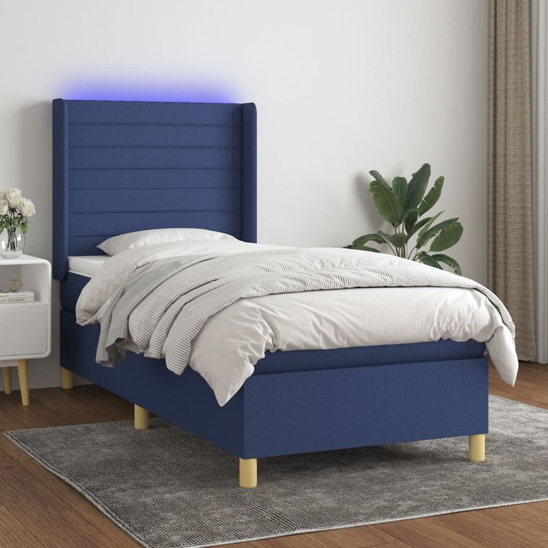 Casa si Gradina - Mobilier - Paturi si accesorii - Paturi - Pat cu arcuri, saltea si LED, albastru, 90x200 cm, textil - Infinity.ro
