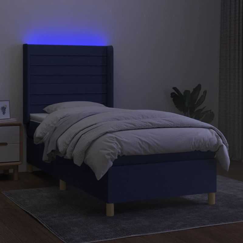 Casa si Gradina - Mobilier - Paturi si accesorii - Paturi - Pat cu arcuri, saltea si LED, albastru, 90x200 cm, textil - Infinity.ro
