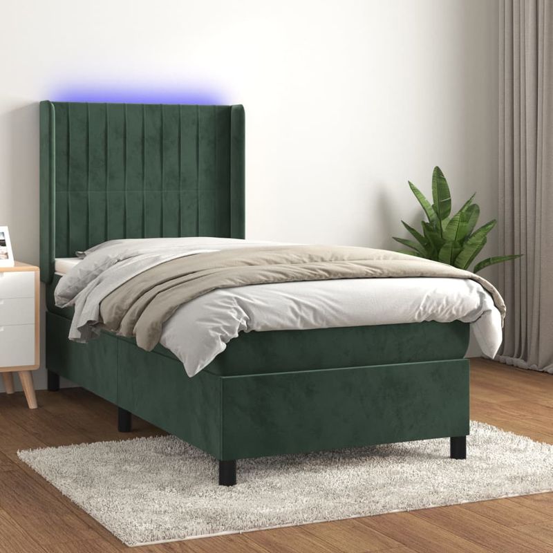 Casa si Gradina - Mobilier - Paturi si accesorii - Paturi - Pat continental cu saltea si LED verde inchis 80x200 cm catifea - Infinity.ro