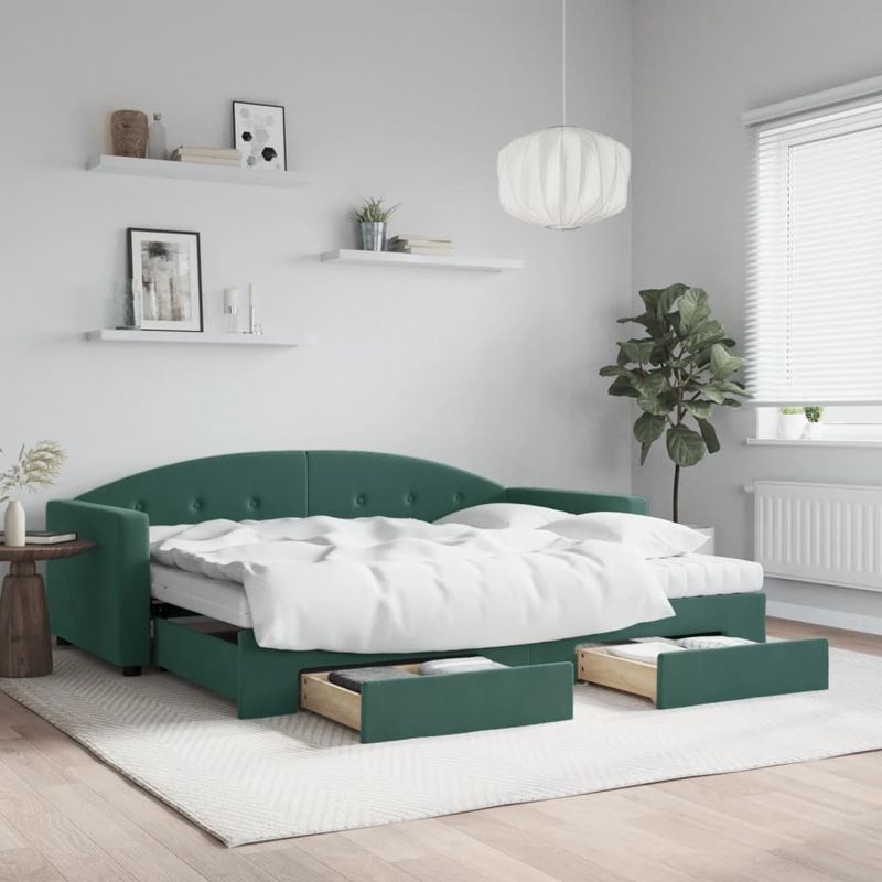 Casa si Gradina - Mobilier - Paturi si accesorii - Paturi - Pat de zi cu extensie si sertare verde inchis 90x200 cm catifea - Infinity.ro