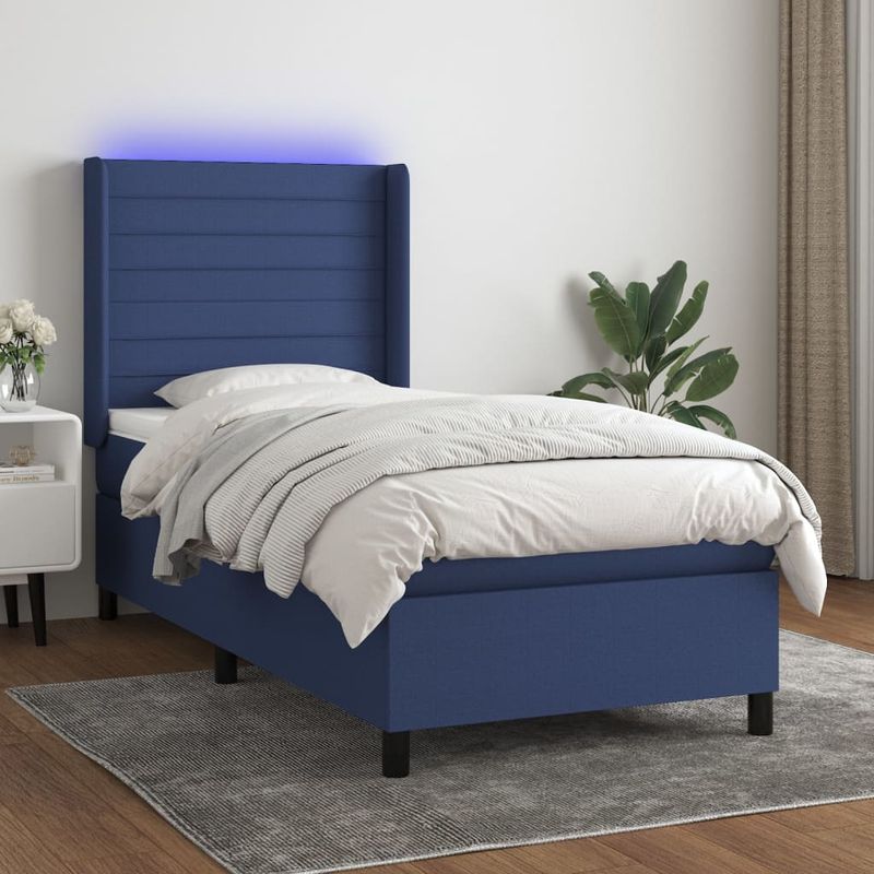 Casa si Gradina - Mobilier - Paturi si accesorii - Paturi - Pat cu arcuri, saltea si LED, albastru, 90x200 cm, textil - Infinity.ro