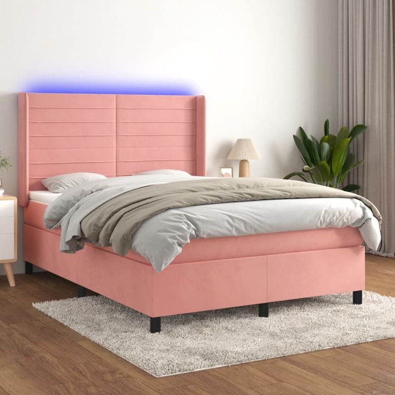 Casa si Gradina - Mobilier - Paturi si accesorii - Paturi - Pat cu arcuri, cu saltea si LED, roz, 140x190 cm catifea - Infinity.ro