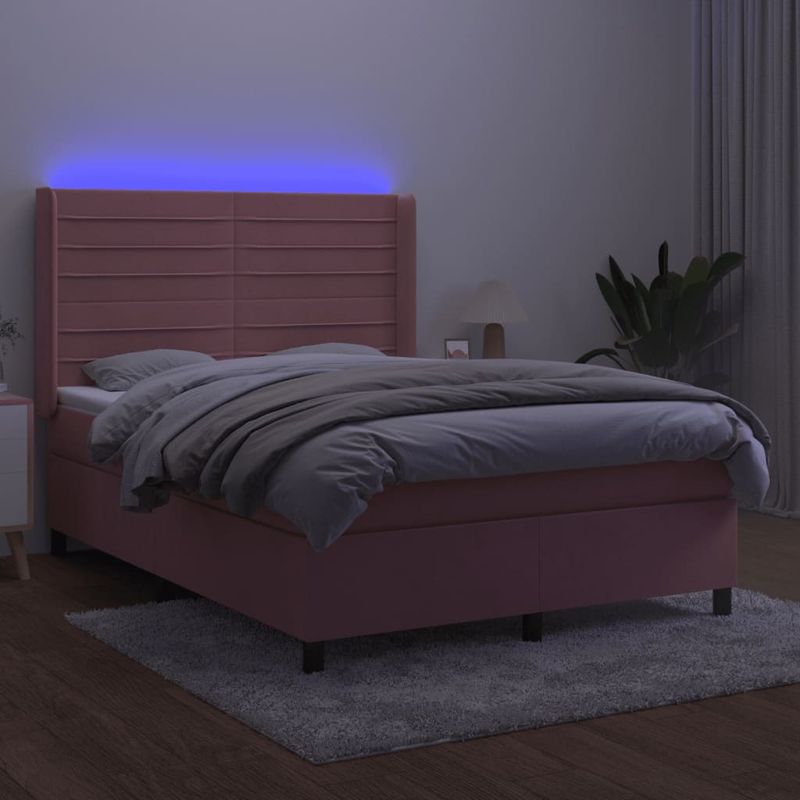 Casa si Gradina - Mobilier - Paturi si accesorii - Paturi - Pat cu arcuri, cu saltea si LED, roz, 140x190 cm catifea - Infinity.ro
