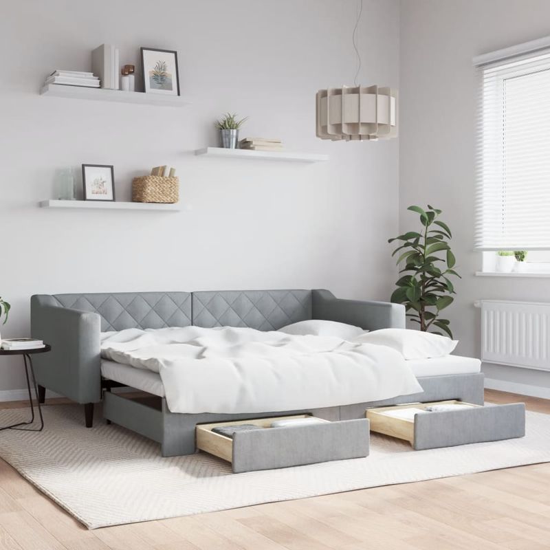 Casa si Gradina - Mobilier - Paturi si accesorii - Paturi - Pat de zi cu extensie si sertare, gri deschis, 90x190cm, textil - Infinity.ro