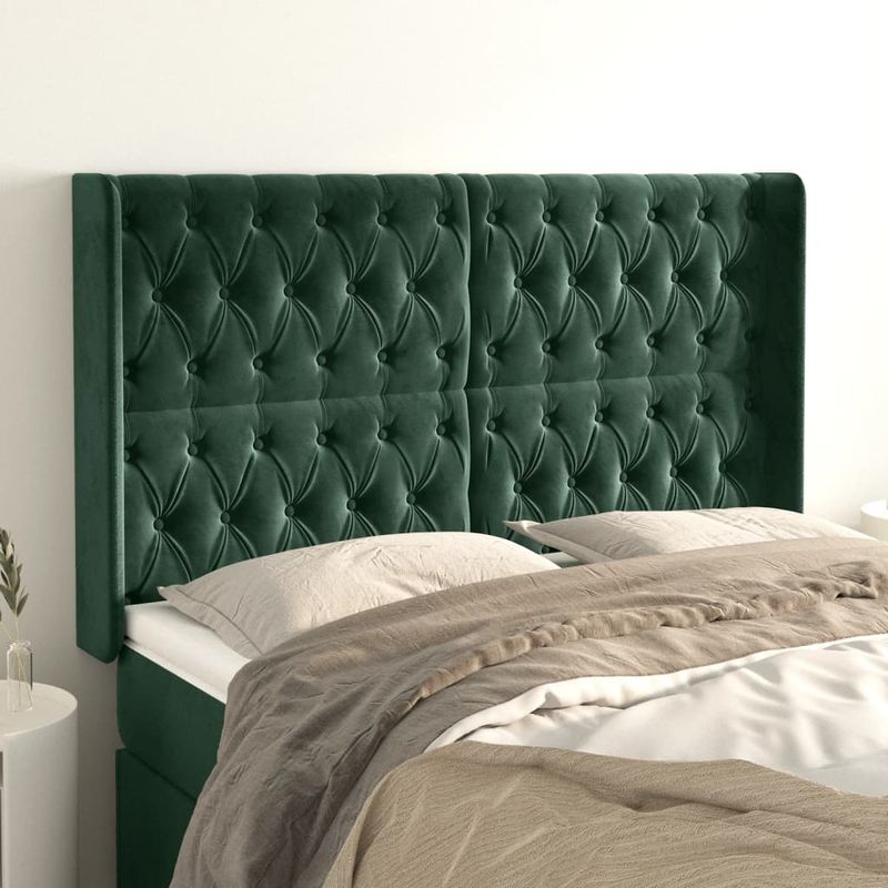 Casa si Gradina - Mobilier - Paturi si accesorii - Accesorii paturi - Tablie pat cu aripioare verde inchis 163x16x118/128 cm catifea - Infinity.ro