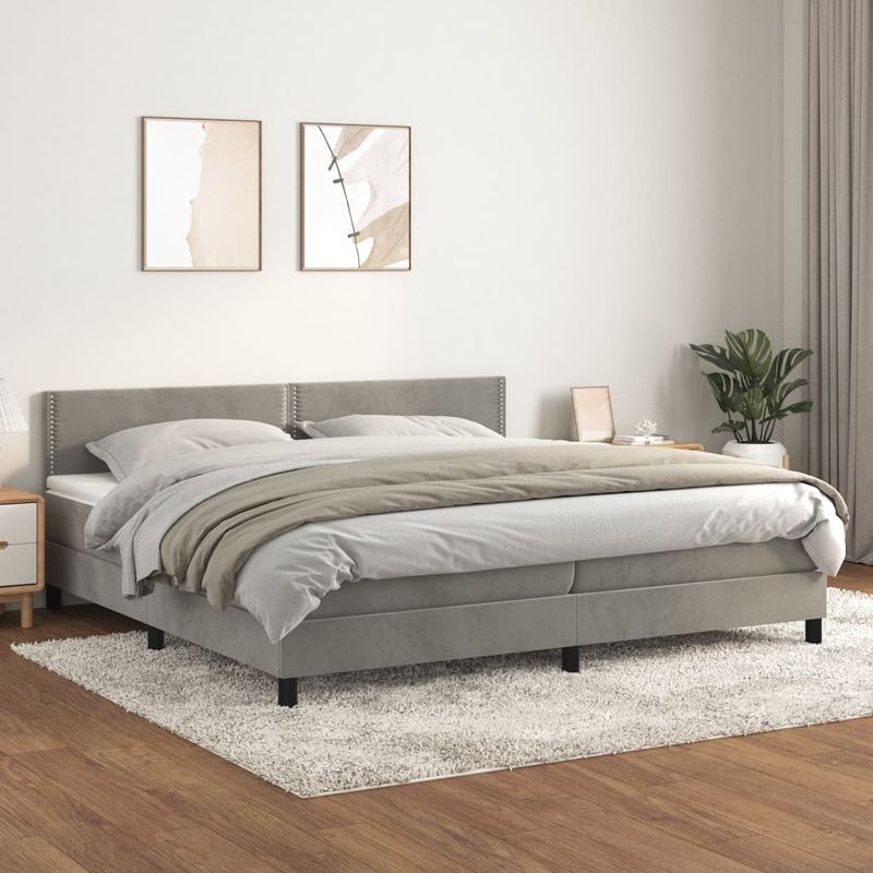 Casa si Gradina - Mobilier - Paturi si accesorii - Paturi - Pat continental cu saltea, gri deschis, 200x200 cm, catifea - Infinity.ro