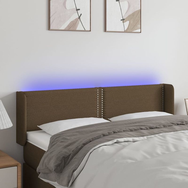 Casa si Gradina - Mobilier - Paturi si accesorii - Accesorii paturi - Tablie de pat cu LED, maro inchis, 147x16x78/88 cm, textil - Infinity.ro