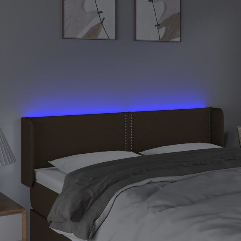 Casa si Gradina - Mobilier - Paturi si accesorii - Accesorii paturi - Tablie de pat cu LED, maro inchis, 147x16x78/88 cm, textil - Infinity.ro