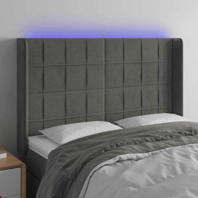 Casa si Gradina - Mobilier - Paturi si accesorii - Accesorii paturi - Tablie de pat cu LED, gri inchis, 147x16x118/128 cm, catifea - Infinity.ro