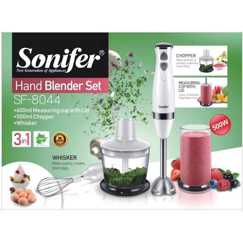 Electronice si Electrocasnice - Electrocasnice bucatarie - Mixere, tocatoare & roboti de bucatarie - Blendere si mini tocatoare - Set Blender 3 in 1 Sonifer SF-8044 cu putere 500W, Mixer vertical , functie Turbo, Multifunctional, Alb - Infinity.ro