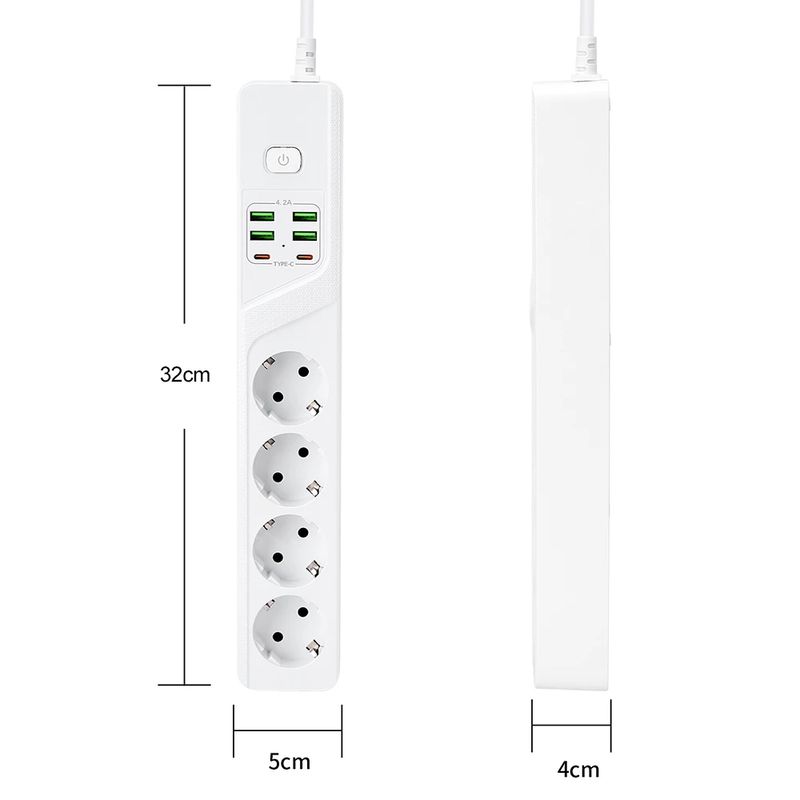 Casa si Gradina - Electrice - Accesorii electrice - Prelungitoare, triple, fise - Prelungitor BKL-03 Alb, 4 prize, 4xUSB 5V/4,2A, 2xType-C 4A, 2m, 3000W, protectie suprasarcina, anti-static - Infinity.ro