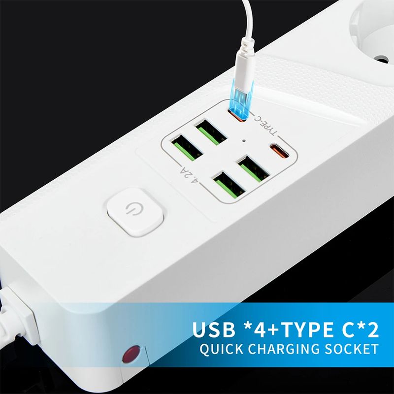 Casa si Gradina - Electrice - Accesorii electrice - Prelungitoare, triple, fise - Prelungitor BKL-03 Alb, 4 prize, 4xUSB 5V/4,2A, 2xType-C 4A, 2m, 3000W, protectie suprasarcina, anti-static - Infinity.ro
