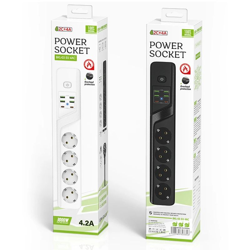 Casa si Gradina - Electrice - Accesorii electrice - Prelungitoare, triple, fise - Prelungitor BKL-03 Alb, 4 prize, 4xUSB 5V/4,2A, 2xType-C 4A, 2m, 3000W, protectie suprasarcina, anti-static - Infinity.ro