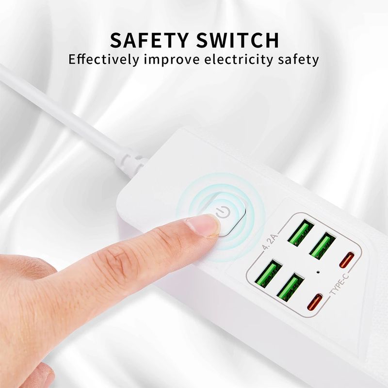 Casa si Gradina - Electrice - Accesorii electrice - Prelungitoare, triple, fise - Prelungitor BKL-03 Alb, 4 prize, 4xUSB 5V/4,2A, 2xType-C 4A, 2m, 3000W, protectie suprasarcina, anti-static - Infinity.ro