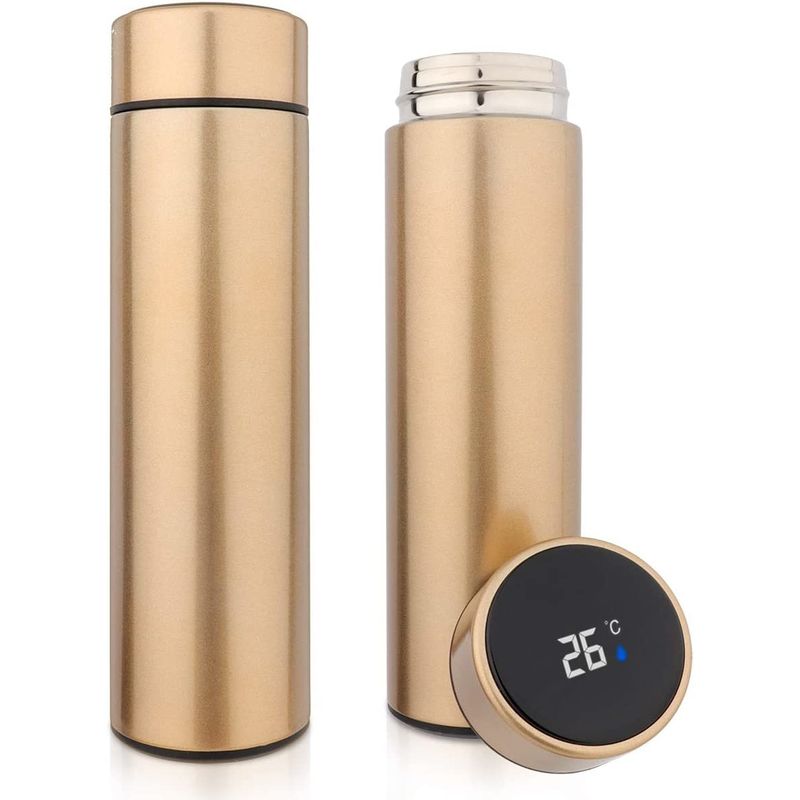 Casa si Gradina - Bucatarie si vesela - Accesorii bar - Termosuri si Cani termos - Termos smart cu pereti dublii din inox si afisaj LED, indicator temperatura C, Auriu, 500 ml - Infinity.ro