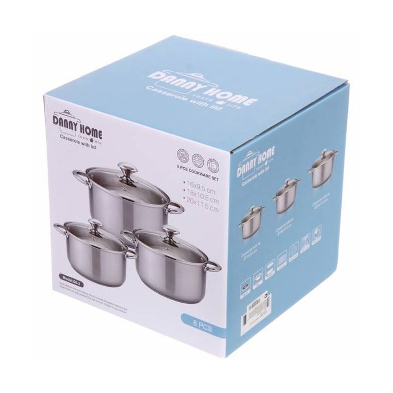 Casa si Gradina - Bucatarie si vesela - Vase pentru gatit - Oale si cratite - Set oale 6 piese Danny Home, 1.8L, 3.5L, 5,8L, inductie, cu capac sticla, Inox - Infinity.ro