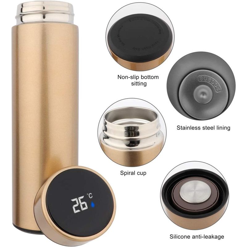 Casa si Gradina - Bucatarie si vesela - Accesorii bar - Termosuri si Cani termos - Termos smart cu pereti dublii din inox si afisaj LED, indicator temperatura C, Auriu, 500 ml - Infinity.ro