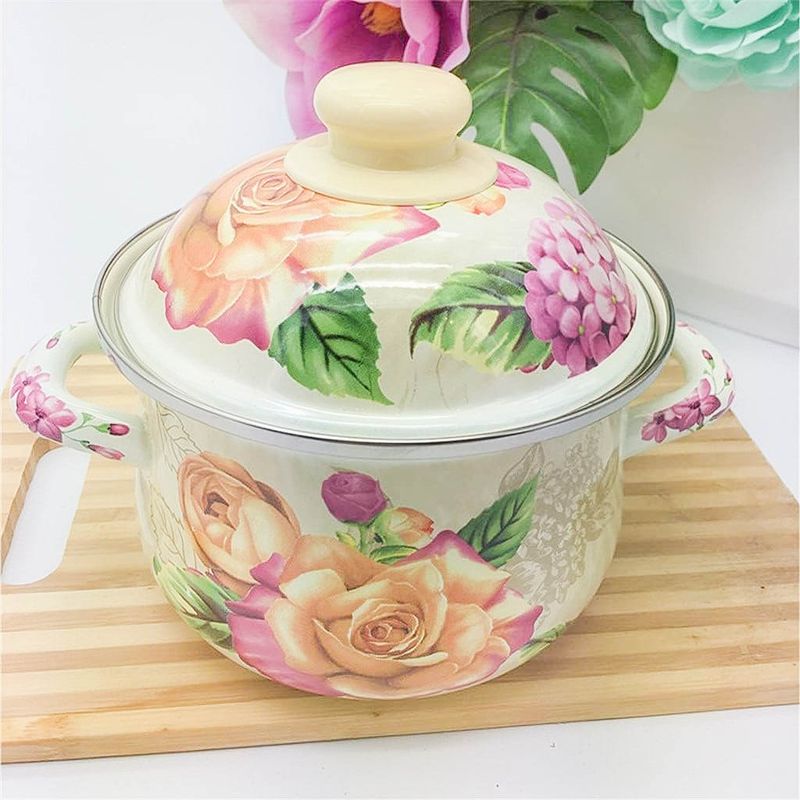 Casa si Gradina - Bucatarie si vesela - Vase pentru gatit - Oale si cratite - Set 5 oale emailate, Longfei Group, 1.8l/3.3l/4l/5.3/6.4, Trandafiri - Infinity.ro
