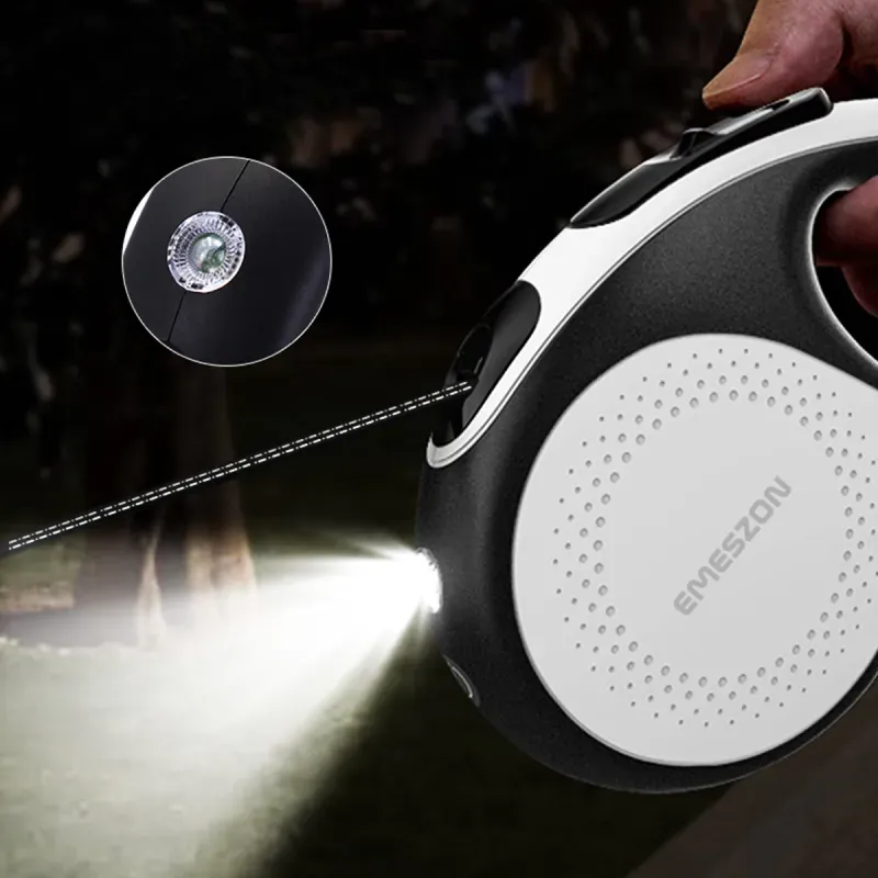 Petshop - Accesorii petshop - Zgarzi, lese si hamuri - Lese - Lesa retractabila electrica lanterna LED 200 Lumeni Emeszon® pisici caini pana la 50Kg acumulator antirasucire, 5m, alb - Infinity.ro