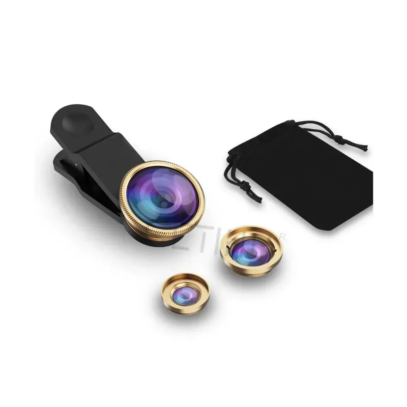 Laptop, Telefoane si Tablete - Telefoane mobile si accesorii - Accesorii Telefoane - Alte accesorii telefoane - Set kit lentile foto obiectiv universal profesional 3 in 1 Getihu Wide Fisheye Zoom si Macro telefon si tableta, gold - Infinity.ro