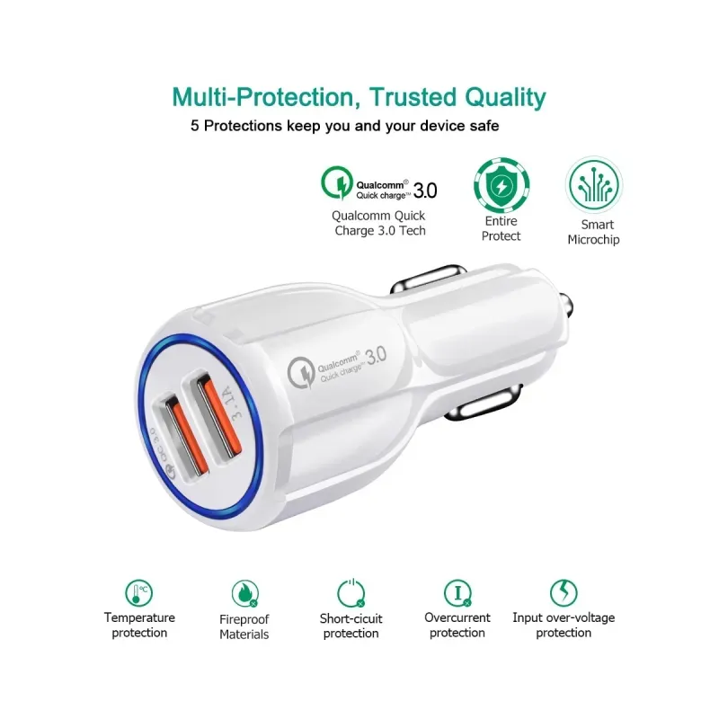 Laptop, Telefoane si Tablete - Telefoane mobile si accesorii - Accesorii Telefoane - Incarcatoare telefoane - Incarcator auto telefon mobil dual USB 5V 3.1A - 6A 30W, Incarca Rapid LED, Quick Charge 3.0, 5 tipuri de protectii, Alb - Infinity.ro
