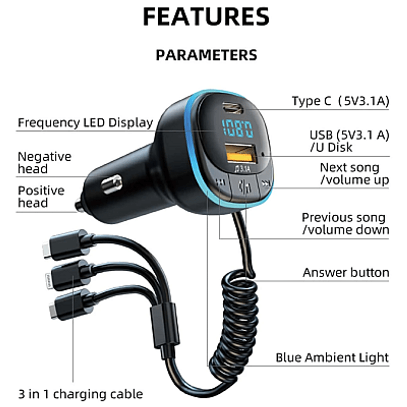 Auto si Moto - Electronice auto - Multimedia auto - Modulator Fm 3 in1 cu Led Xentech Light C31 Usb Cabluri incarcare Lightning, USB-C, Micro-US - Infinity.ro