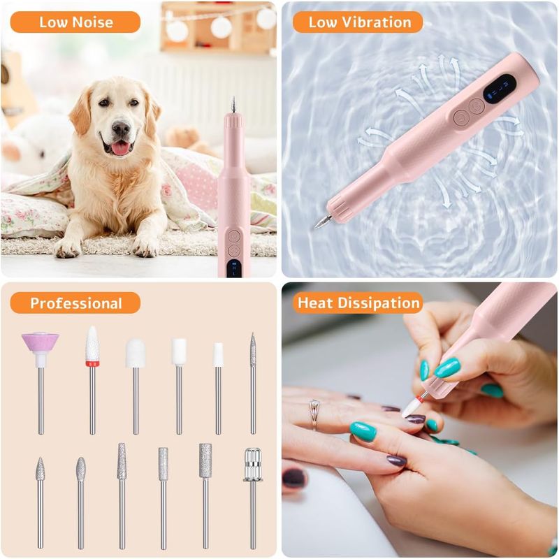 Ingrijire personala si Cosmetice - Aparate & accesorii ingrijire personala - Aparate cosmetice - Aparate pentru manichiura-pedichiura - Freza Electrica Unghii Profesionala, BLEKSY®, Pila Electrica Fara Fir, Incarcare USB-C, 3 Viteze, 6 Capete, Roz - Infinity.ro