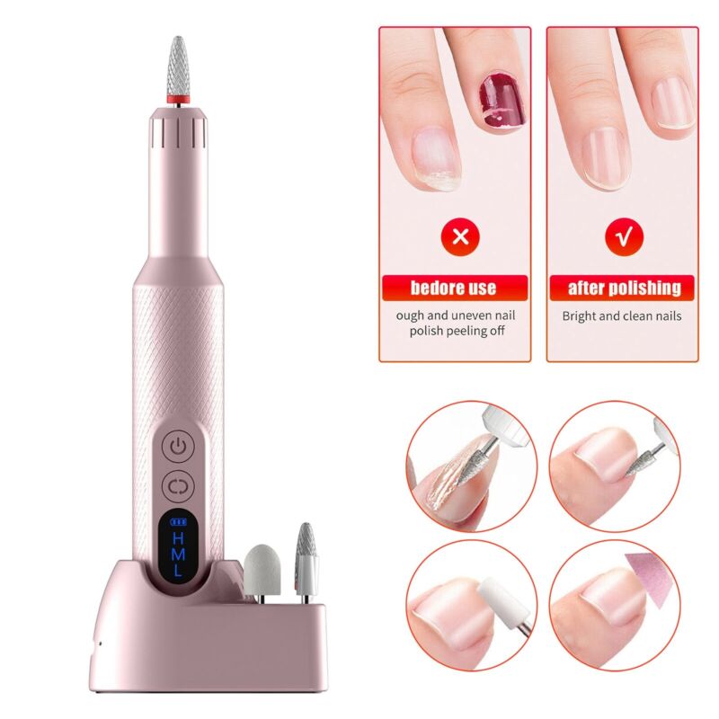 Ingrijire personala si Cosmetice - Aparate & accesorii ingrijire personala - Aparate cosmetice - Aparate pentru manichiura-pedichiura - Freza Electrica Unghii Profesionala, BLEKSY®, Pila Electrica Fara Fir, Incarcare USB-C, 3 Viteze, 6 Capete, Roz - Infinity.ro