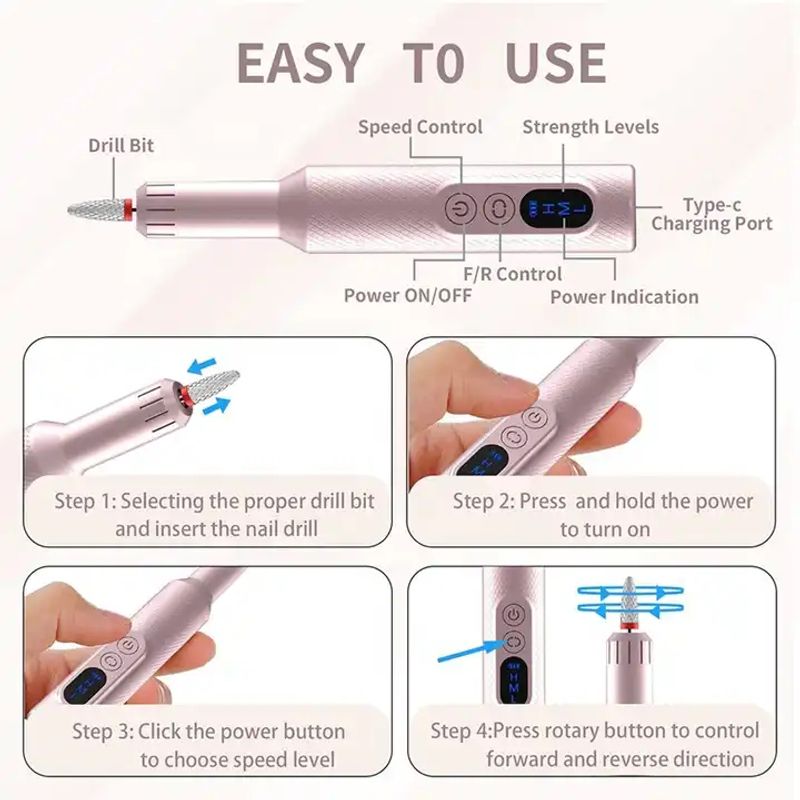 Ingrijire personala si Cosmetice - Aparate & accesorii ingrijire personala - Aparate cosmetice - Aparate pentru manichiura-pedichiura - Freza Electrica Unghii Profesionala, BLEKSY®, Pila Electrica Fara Fir, Incarcare USB-C, 3 Viteze, 6 Capete, Roz - Infinity.ro