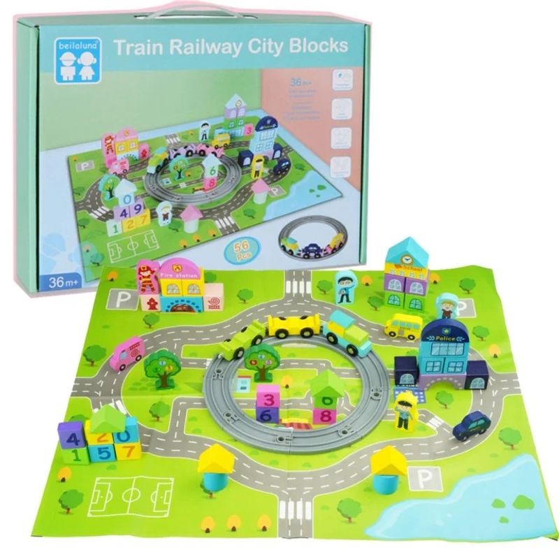 Jucarii, Copii si Bebe - Jucarii si jocuri - Seturi de constructie si cuburi - Seturi de constructie - Set de constructie din lemn, Circuit feroviar cu 56 piese, 7Toys - Infinity.ro