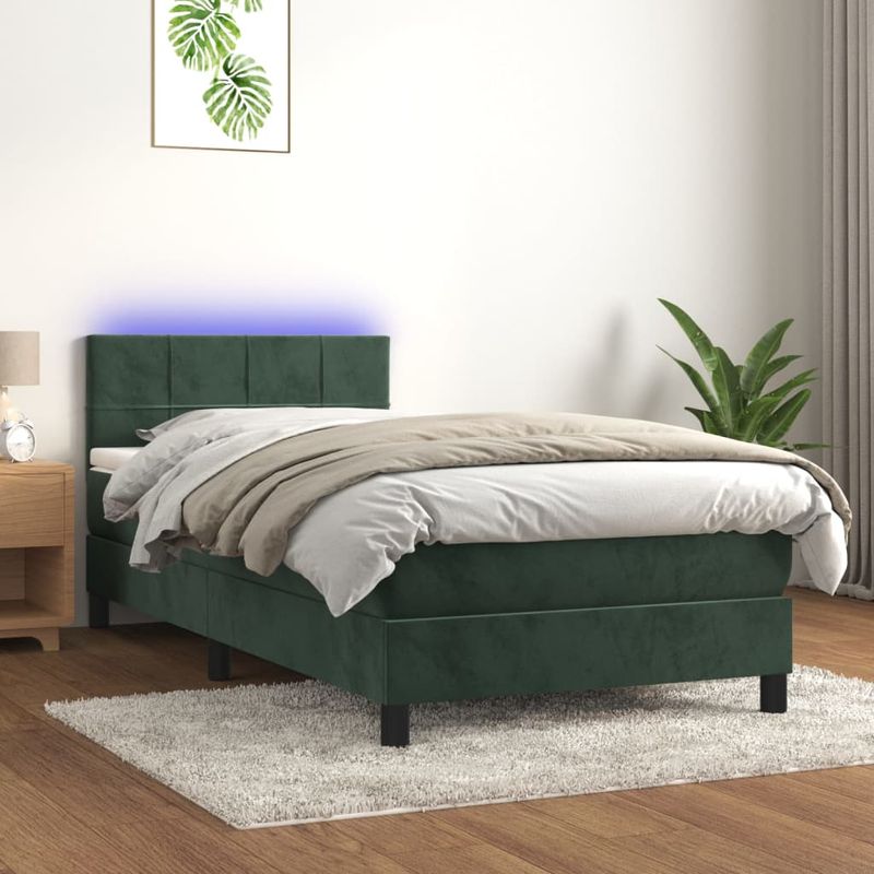 Casa si Gradina - Mobilier - Paturi si accesorii - Paturi - Pat continental cu saltea și LED, saltea și LED, verde inchis, 100x200 cm, catifea, model cu blocuri pătrate - Infinity.ro