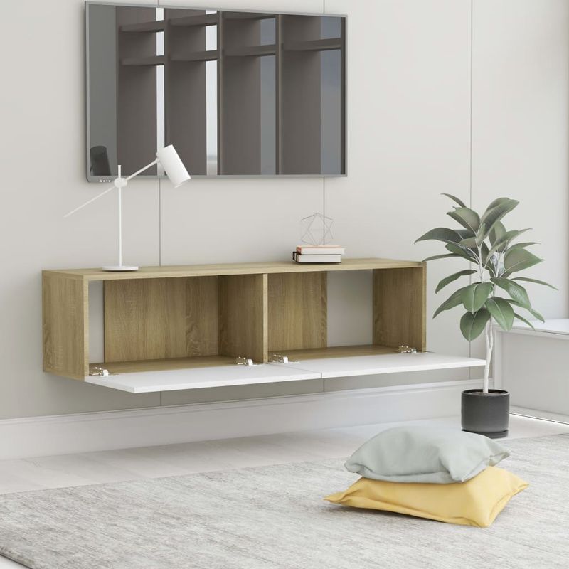 Casa si Gradina - Mobilier - Comode si corpuri - Comode - Comoda TV, alb si stejar Sonoma, 120 x 30 x 30 cm, PAL - Infinity.ro