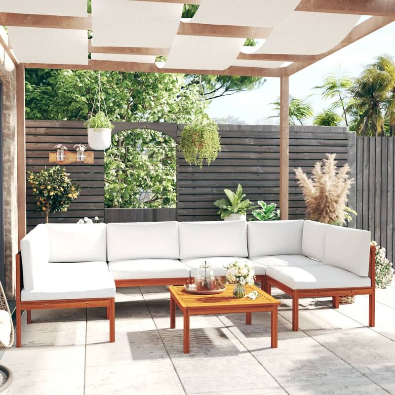 Casa si Gradina - Gradina si terasa - Mobilier exterior - Seturi mobila gradina - Set mobilier gradina cu perne, crem, 7 piese, lemn masiv acacia, model 2x colț + 4x mijloc + masă - Infinity.ro