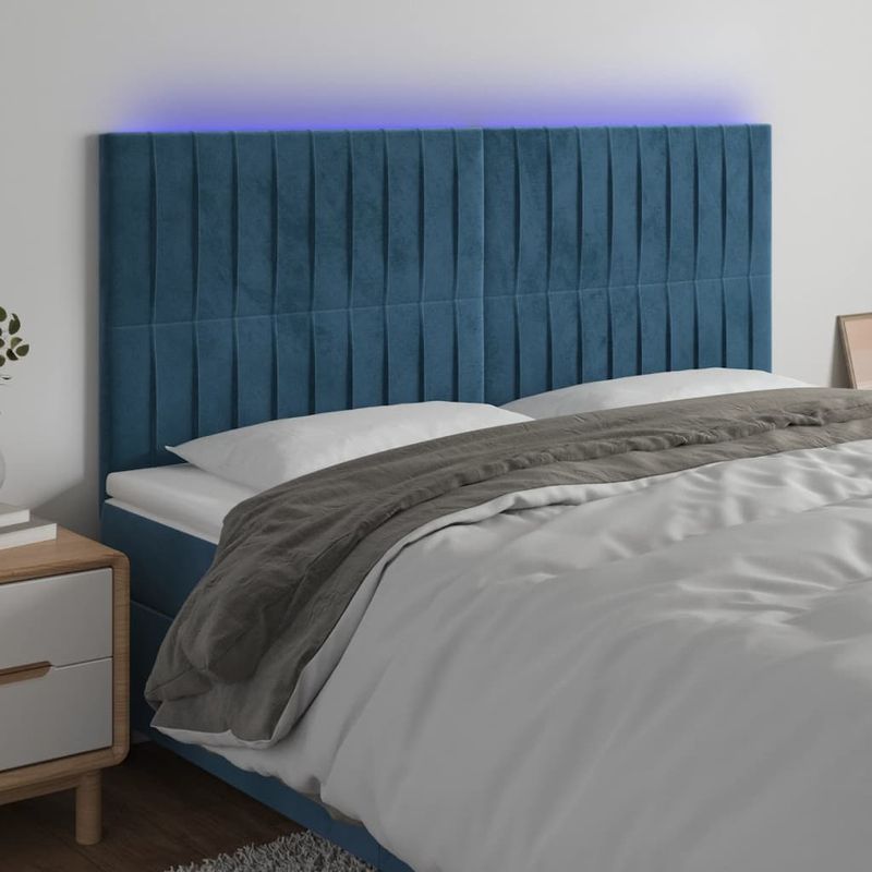 Casa si Gradina - Mobilier - Paturi si accesorii - Accesorii paturi - Tablie de pat cu LED, albastru inchis, 200x5x118/128cm catifea - Infinity.ro