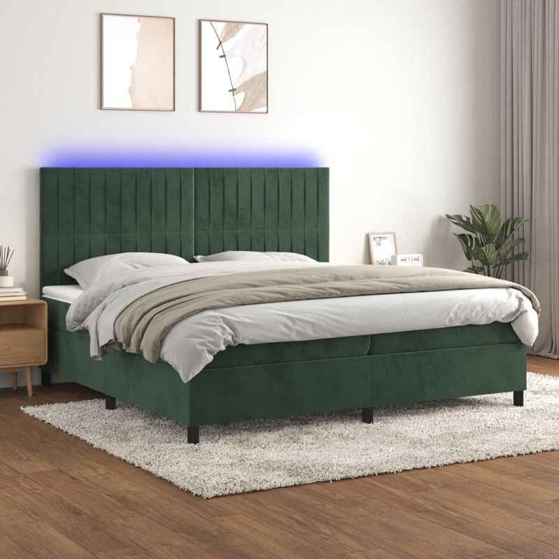 Casa si Gradina - Mobilier - Paturi si accesorii - Paturi - Pat cu arcuri, saltea si LED, verde inchis, 200x200 cm, catifea - Infinity.ro