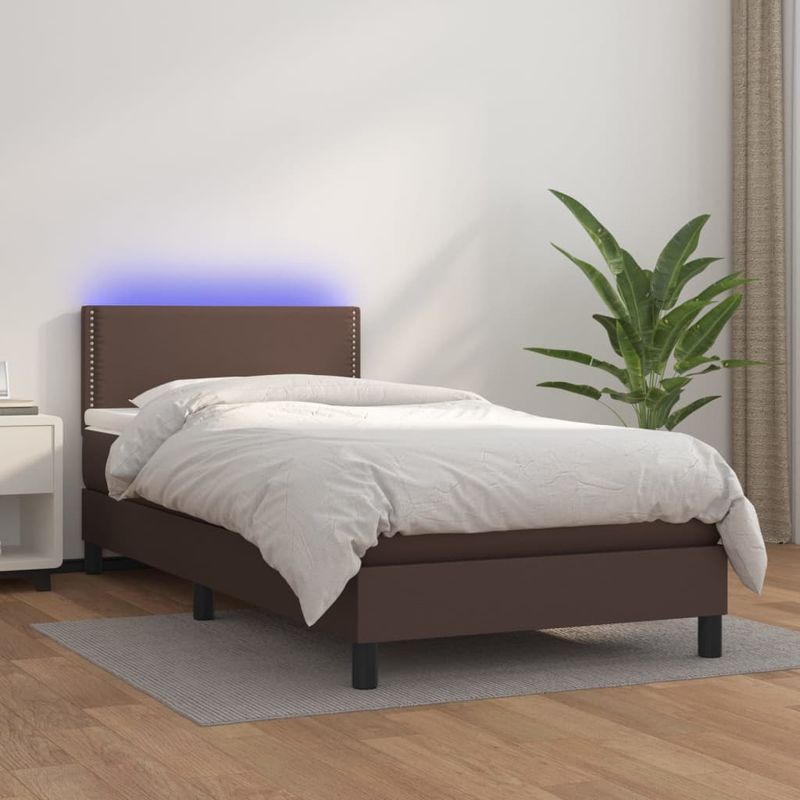 Casa si Gradina - Mobilier - Paturi si accesorii - Paturi - Pat cu arcuri, saltea și LED, maro, 100x200 cm, piele ecologica, model unică și cuie de tapițerie - Infinity.ro